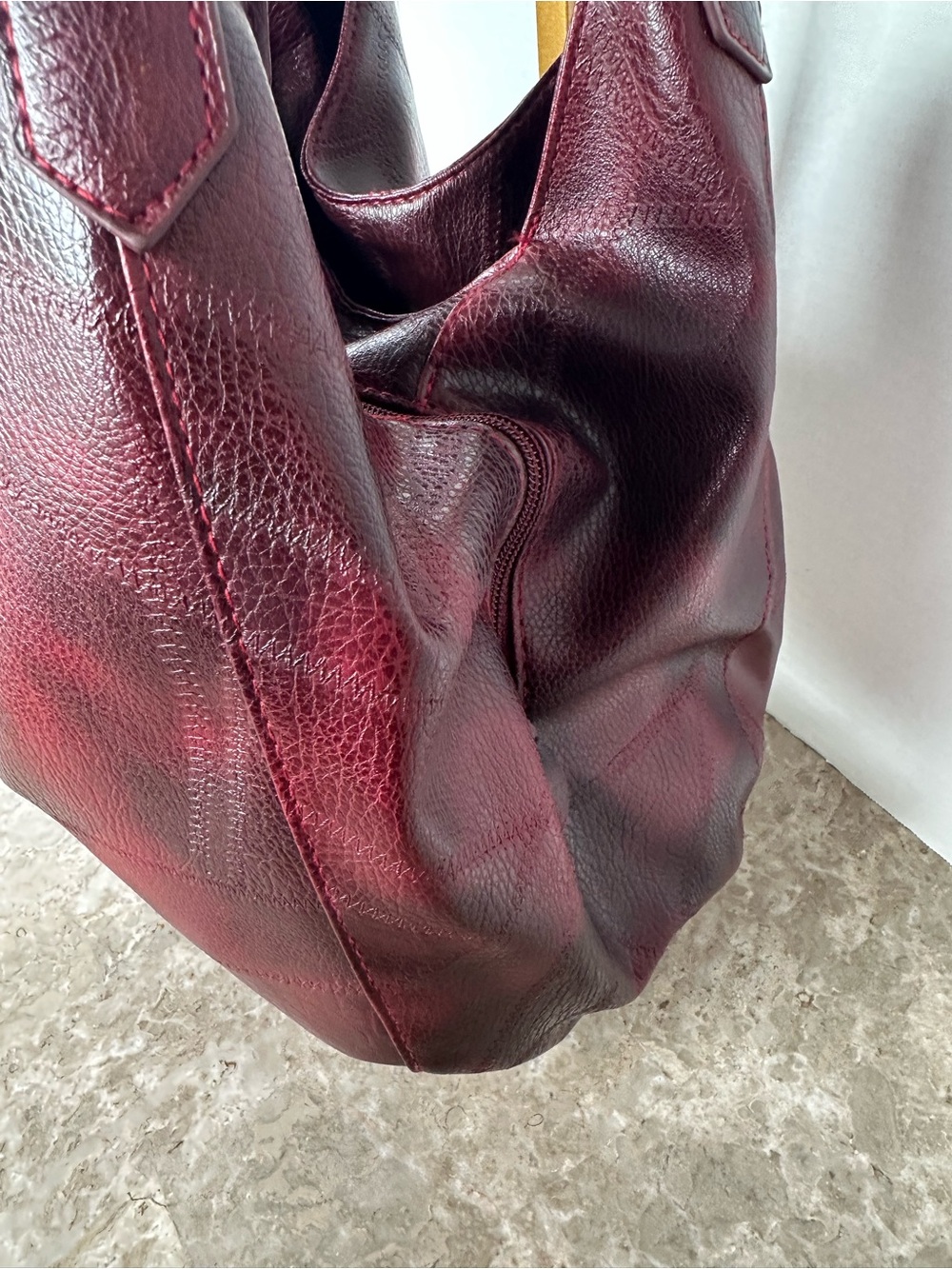 Burgundy Patchwork Hobo Bag Slouchy Vegan Leather Shoulder Purse Y2K Goth Grunge - Picture 7 of 14